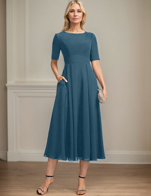 A-line Scoop Tea-Length Chiffon Mother of the Bride Dress With Appliques Lace Sequins