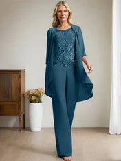 Separates Jumpsuit/Pantsuit Scoop Floor-Length Chiffon Lace Mother of the Bride Dress With Beading Sequins
