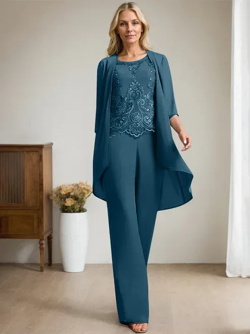 Pantsuit Scoop Floor-Length Chiffon Lace Mother of the Bride Dress With Beading Sequins