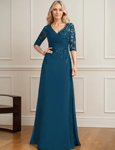 Robe de mère de la mariée trapèze, col en V, longueur au sol, en mousseline de soie et dentelle, avec sequins plissés 