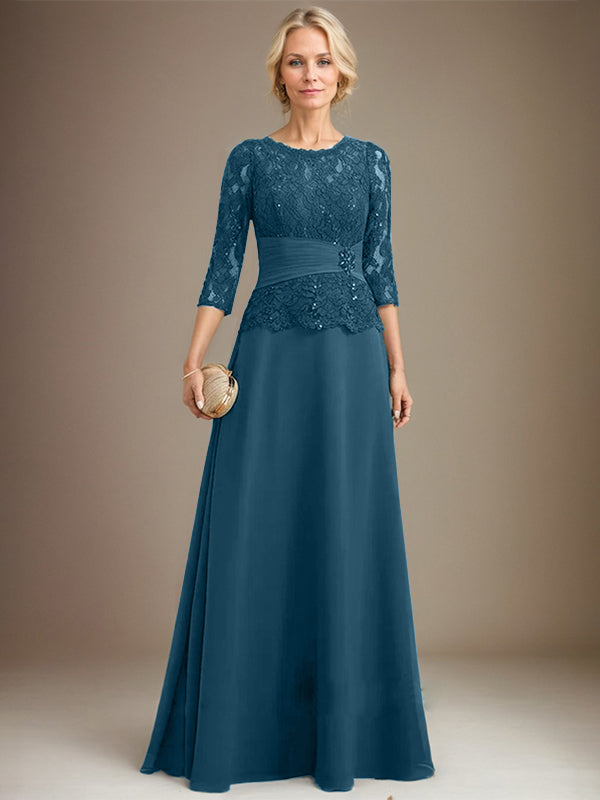 A-line Scoop Illusion Floor-Length Chiffon Lace Mother of the Bride Dress With Pleated Sequins Beading