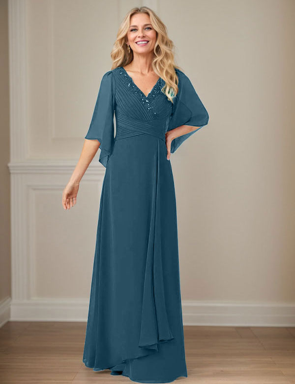Robe mère de la mariée longue en mousseline à paillettes et col en V
