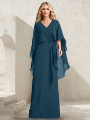 A-line V-Neck Floor-Length Chiffon Mother of the Bride Dress With Cascading Ruffles Beading