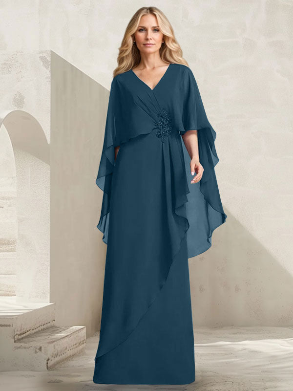 A-line V-Neck Floor-Length Chiffon Mother of the Bride Dress With Cascading Ruffles Beading