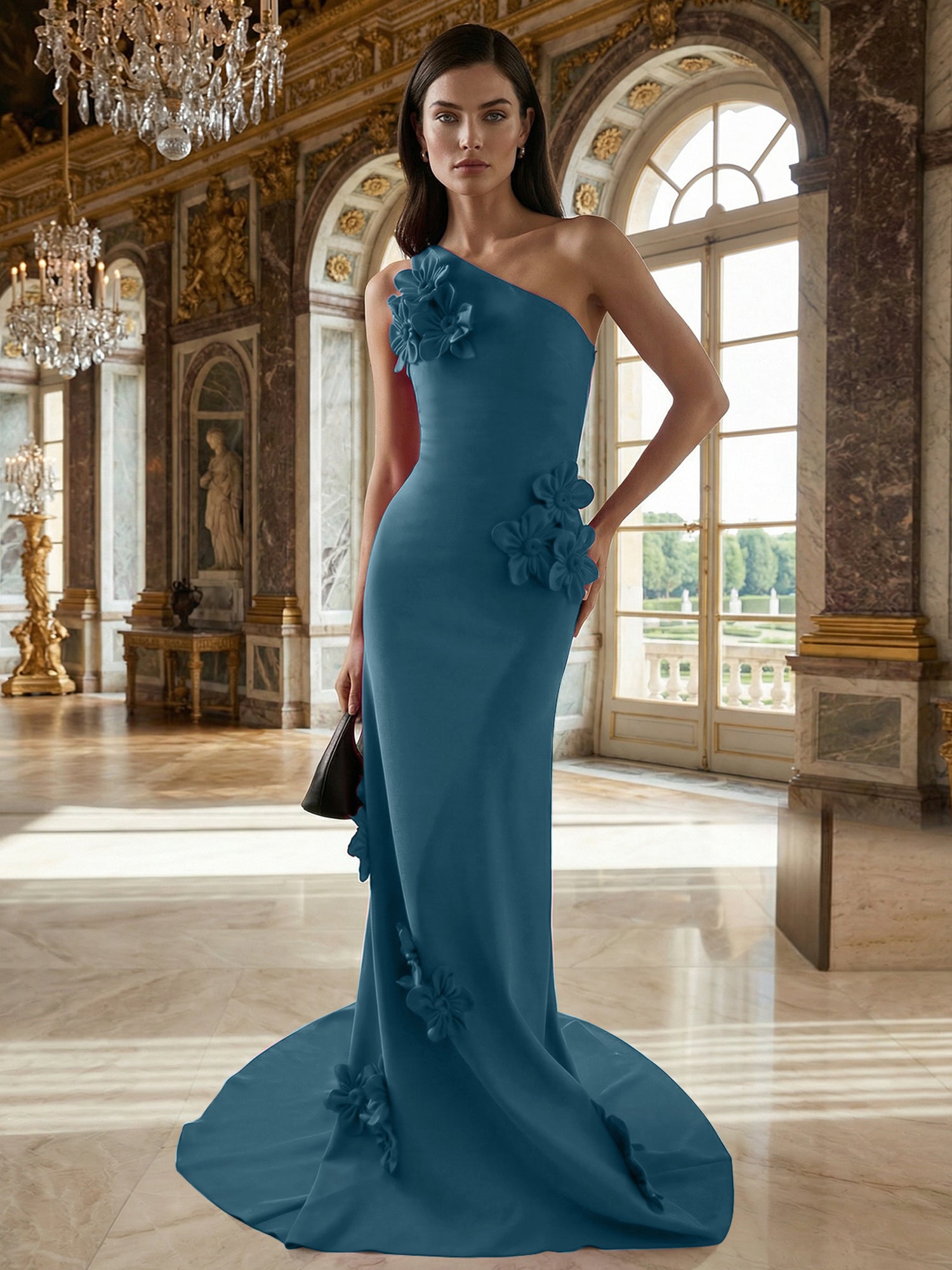 A Line One Shoulder Sleeveless Floor Length Stretch Crepe Dress With 3D Flowers