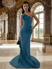A Line One Shoulder Sleeveless Floor Length Stretch Crepe Dress With 3D Flowers