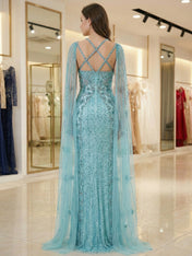 Teal Beaded Cape Evening Gown with Crisscross Neckline
