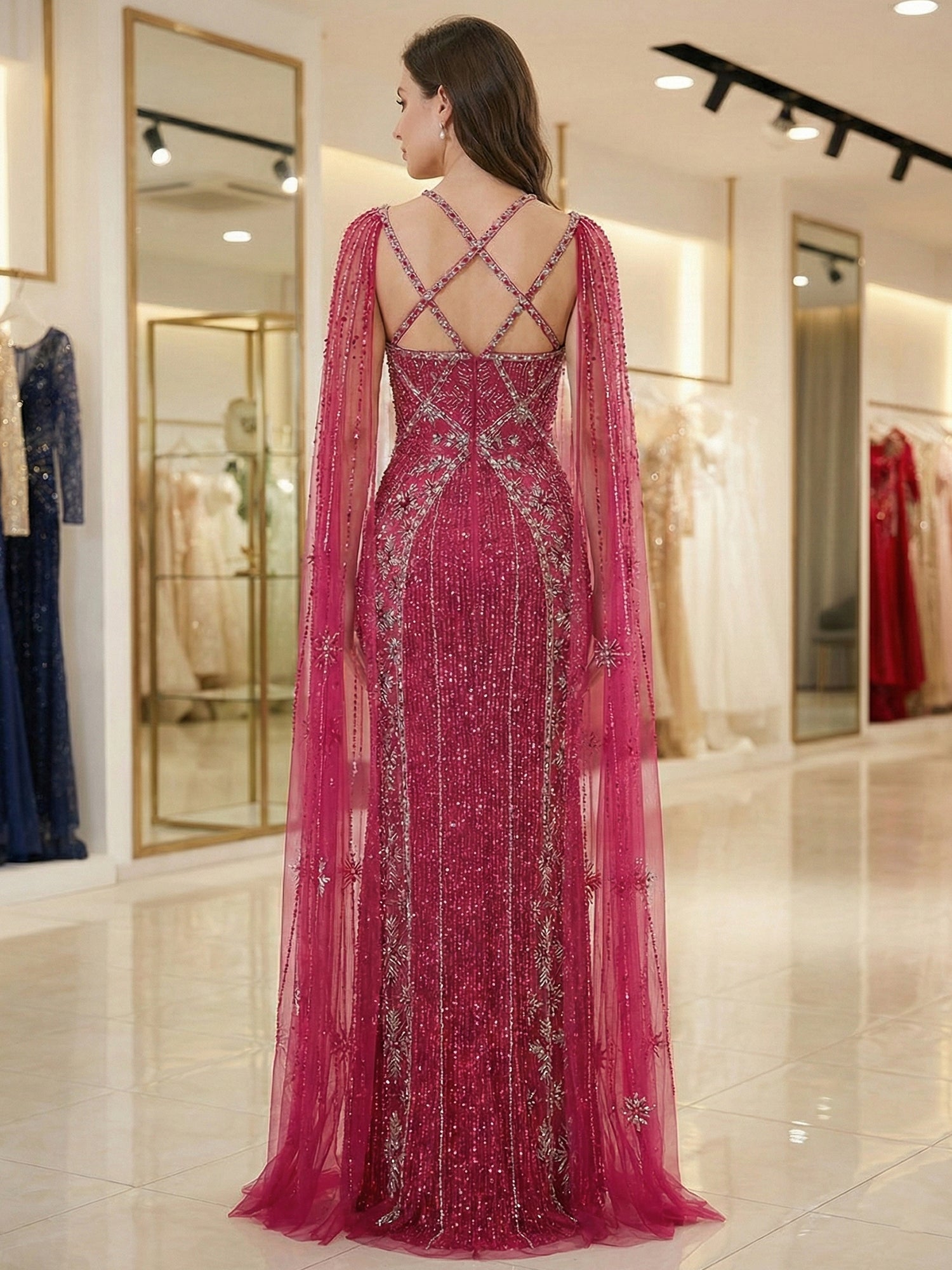 Teal Beaded Cape Evening Gown with Crisscross Neckline