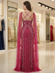 Teal Beaded Cape Evening Gown with Crisscross Neckline