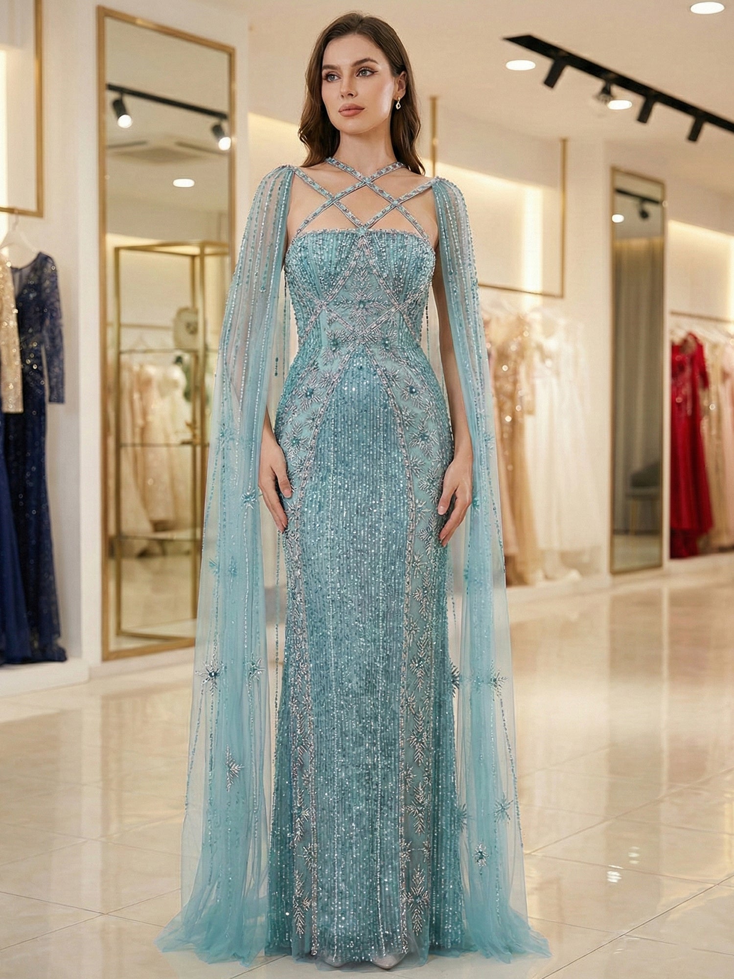 Teal Beaded Cape Evening Gown with Crisscross Neckline