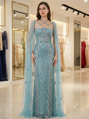 Teal Beaded Cape Evening Gown with Crisscross Neckline