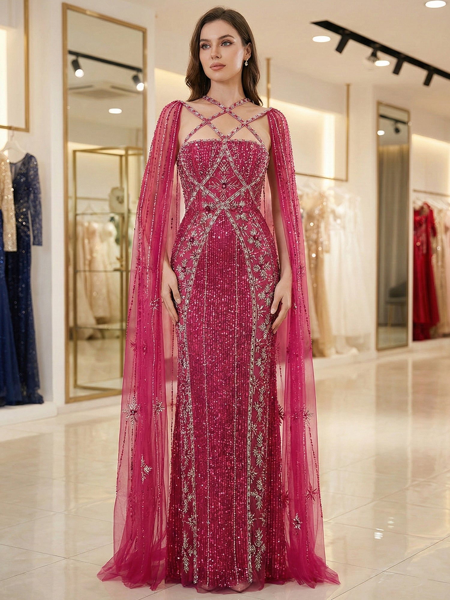 Teal Beaded Cape Evening Gown with Crisscross Neckline
