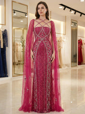 Teal Beaded Cape Evening Gown with Crisscross Neckline