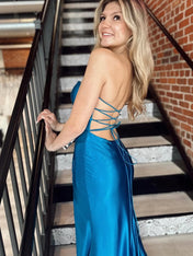 Teal Blue Satin Strapless Long Prom Dress with Slit