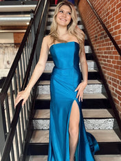 Teal Blue Satin Strapless Long Prom Dress with Slit