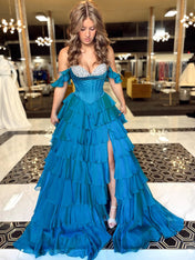 Teal Blue Tiered Ruffle Prom Dress with Crystal Basque Waist Corset
