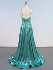 Teal Liquid Metallic Spaghetti Straps V-Neck Long Prom Dress