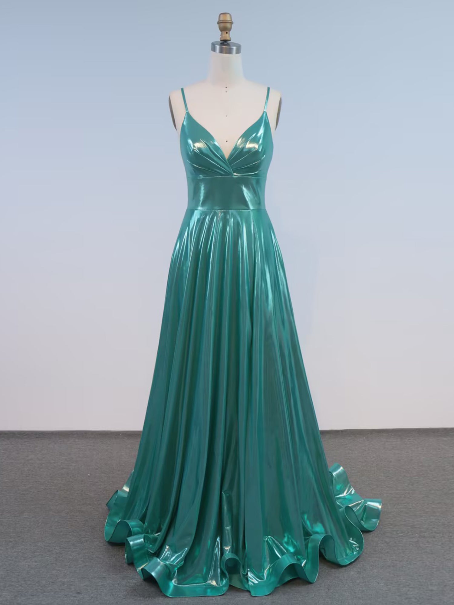 TealLiquidMetallicSpaghettiStrapsV-NeckLongPromDress_2.jpg