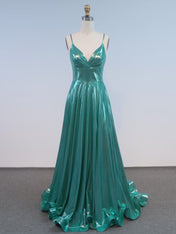Teal Liquid Metallic Spaghetti Straps V-Neck Long Prom Dress
