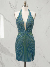 Teal Starburst Sequin Halter Short Homecoming Dress