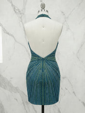 Teal Starburst Sequin Halter Short Homecoming Dress