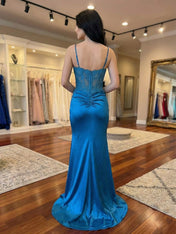 Teal Sweetheart Spaghetti Straps Satin Corset Prom Dress with Slit