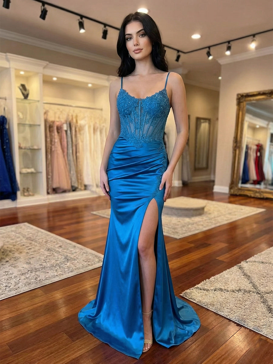 Teal Sweetheart Spaghetti Straps Satin Corset Prom Dress with Slit