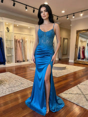 Teal Sweetheart Spaghetti Straps Satin Corset Prom Dress with Slit