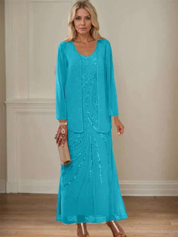 Robe de mère de la mariée fourreau/colonne, col en V, longueur cheville, avec veste et paillettes 