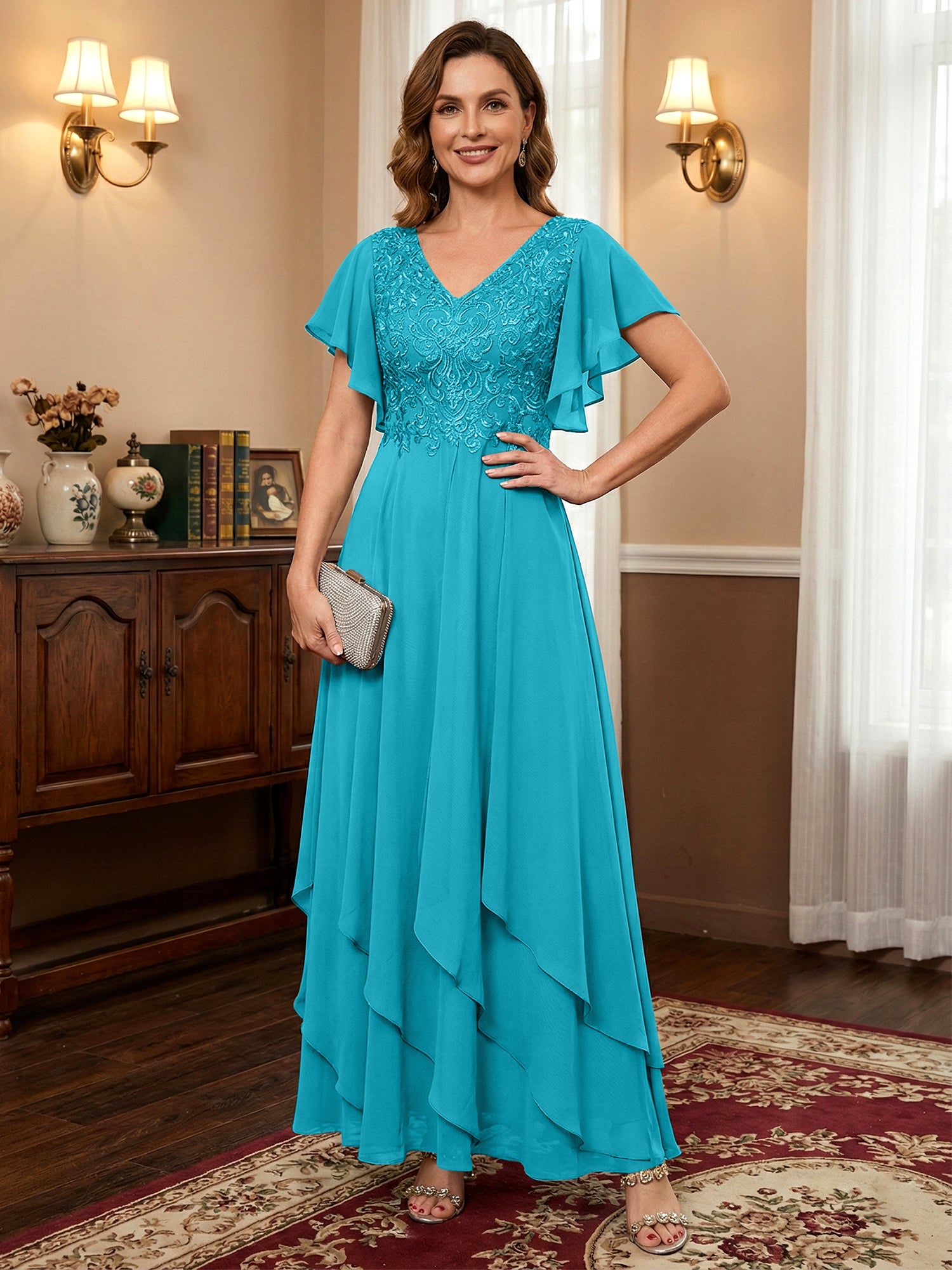 A-line V-Neck Ankle-Length Lace Chiffon Mother of the Bride Dress With Cascading Ruffles