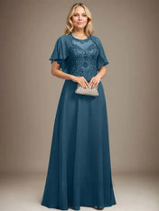 A-line Scoop Illusion Floor-Length Lace Chiffon Mother of the Bride Dress With Sequins