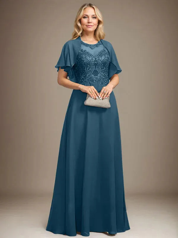 A-line Scoop Illusion Floor-Length Lace Chiffon Mother of the Bride Dress With Sequins