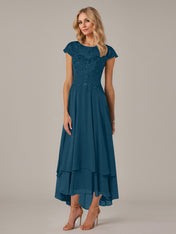 A-line Boat Neck Illusion Asymmetrical Chiffon Lace Mother of the Bride Dress With Applique Pleats