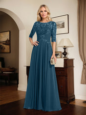 A-line Scoop Illusion Floor-Length Chiffon Lace Mother of the Bride Dress With Pleated Sequins