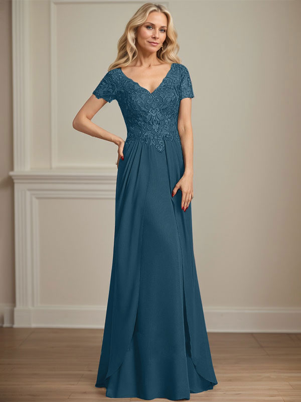 A-line V-Neck Floor-Length Chiffon Lace Mother of the Bride Dress