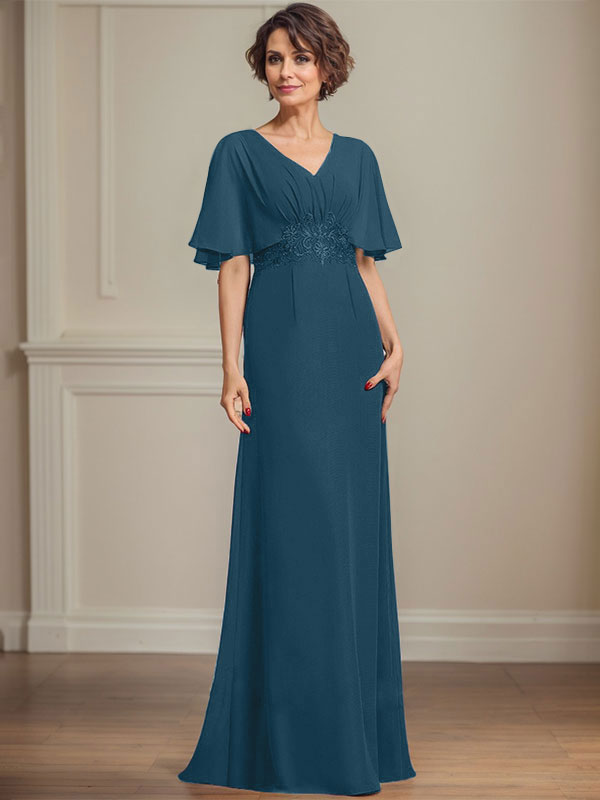 A-line V-Neck Floor-Length Chiffon Mother of the Bride Dress With Pleated Sequins Appliques Lace