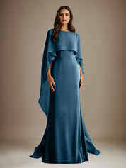 Robe de mère de la mariée en mousseline, coupe fourreau/colonne, col bateau, longueur ras du sol, avec volants en cascade 