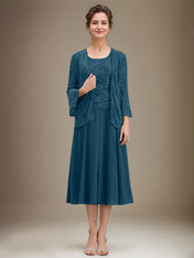 A-line Scoop Tea-Length Lace Chiffon Mother of the Bride Dress With Sequins