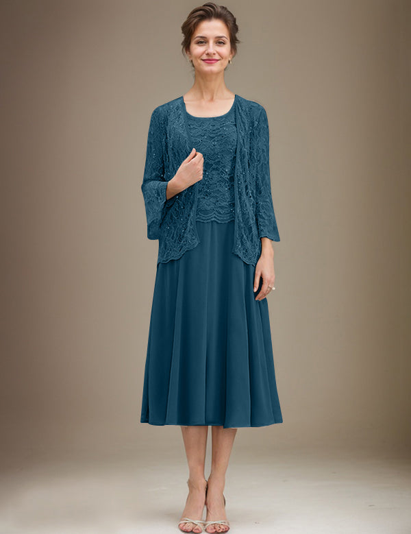 A-line Scoop Tea-Length Lace Chiffon Mother of the Bride Dress With Sequins