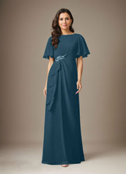 Robe fourreau en mousseline de soie bleu marine foncé avec perles