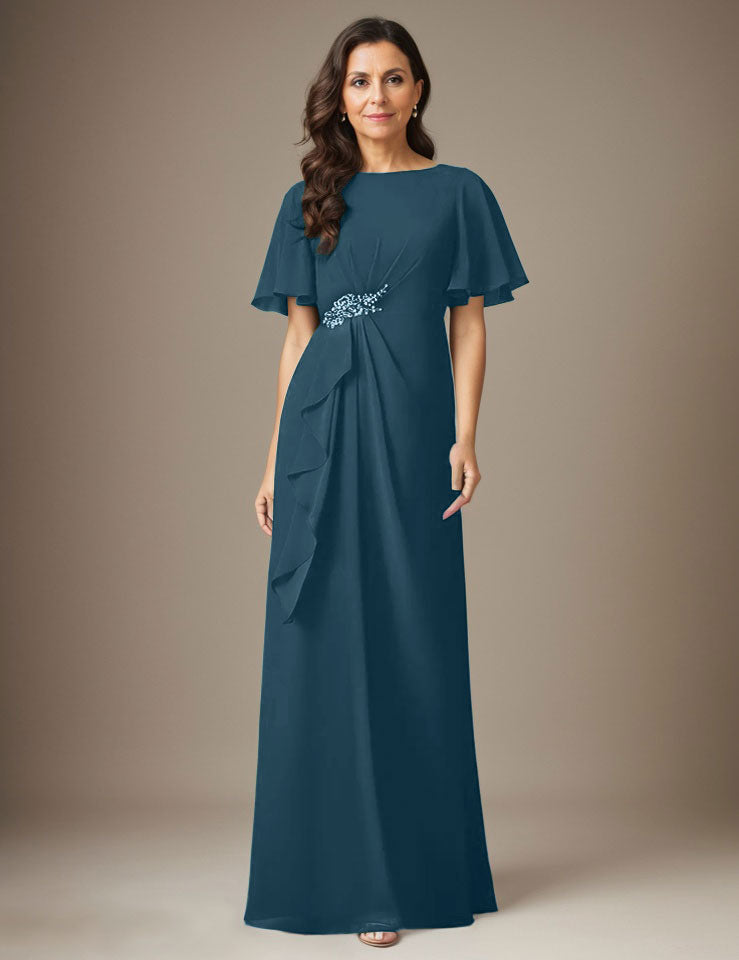 Robe fourreau en mousseline de soie bleu marine foncé avec perles