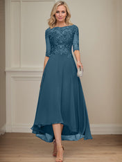 A-line Boat Neck Illusion Asymmetrical Chiffon Lace Mother of the Bride Dress With Sequins Beading