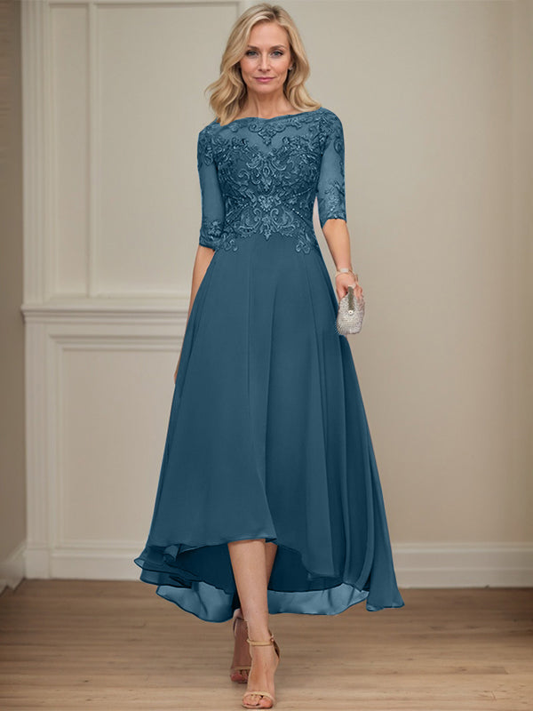 A-line Boat Neck Illusion Asymmetrical Chiffon Lace Mother of the Bride Dress With Sequins Beading