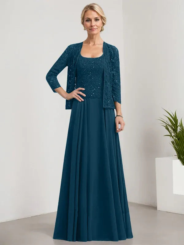 Robe de mère de la mariée trapèze carrée, longueur au sol, en mousseline de soie et dentelle, avec paillettes 