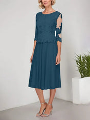 A-line Scoop Tea-Length Lace Chiffon Mother of the Bride Dress With Embroidery