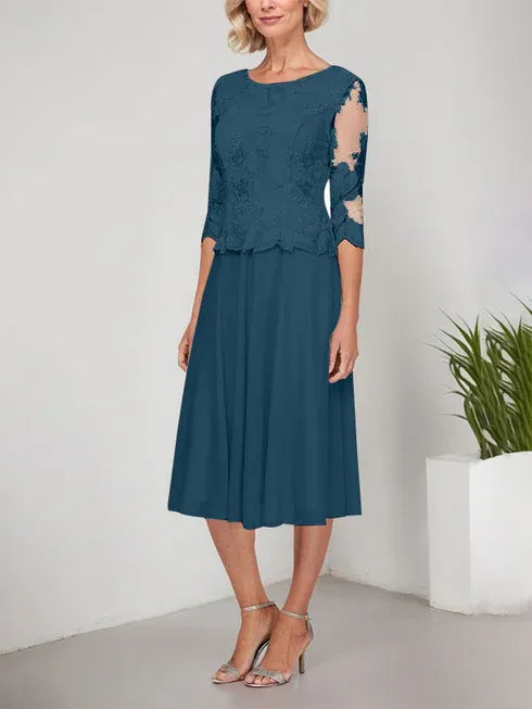 A-line Scoop Tea-Length Lace Chiffon Mother of the Bride Dress With Embroidery