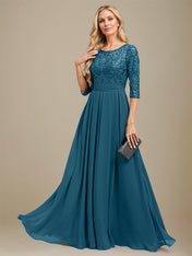 A-Line Scoop Floor-Length Lace Chiffon Mother Of the Bride Dress With Sequins Applique