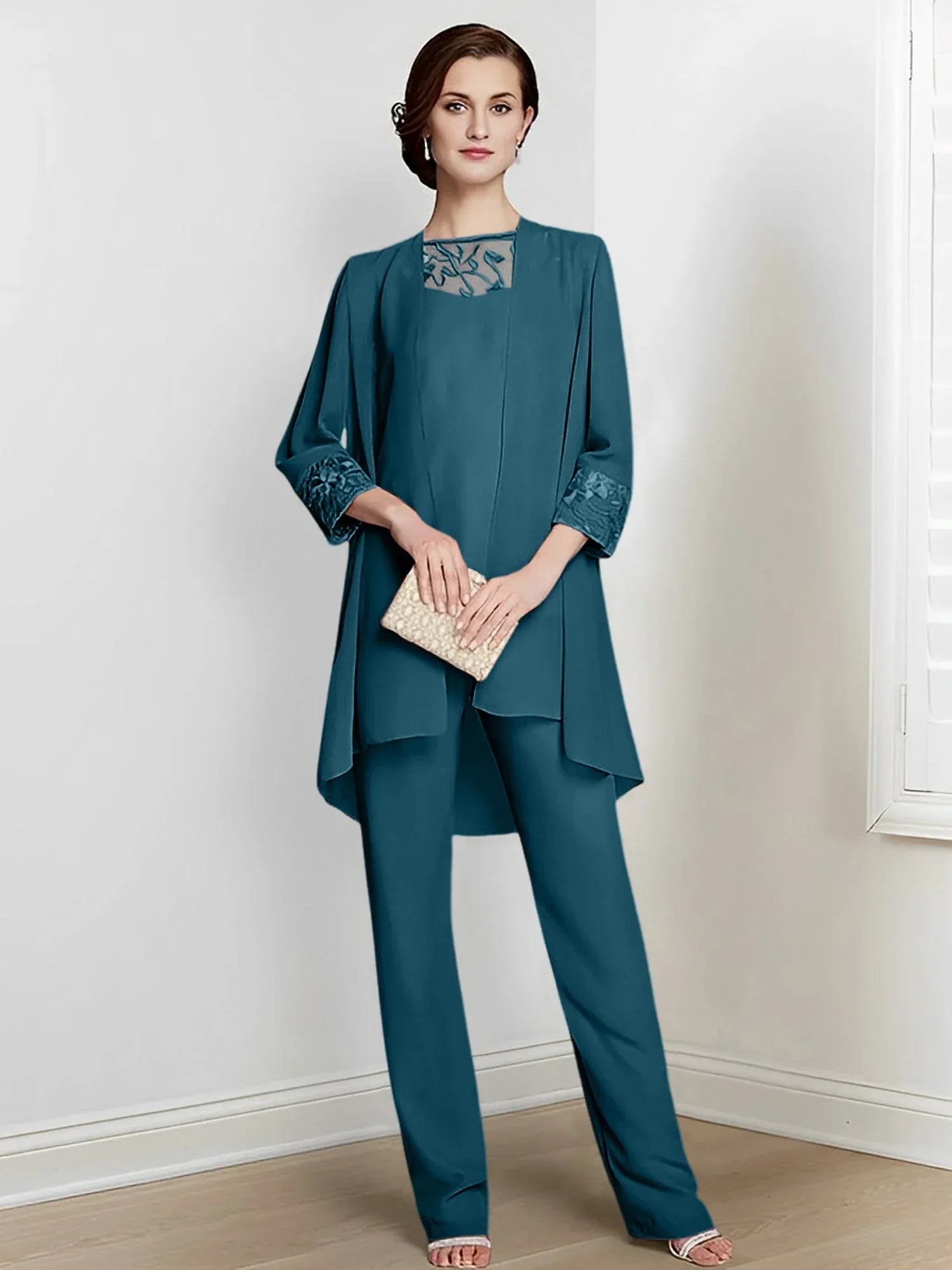 Tailleur-pantalon en mousseline à manches longues pour mère de la mariée avec veste 