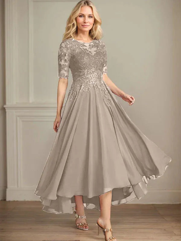 Robe de mère de la mariée asymétrique en mousseline de soie et dentelle, coupe trapèze, décolleté en V, illusion, avec paillettes 