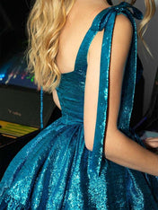 Teal A-line Straps Sweetheart Short Homecoming Dress with Bowe